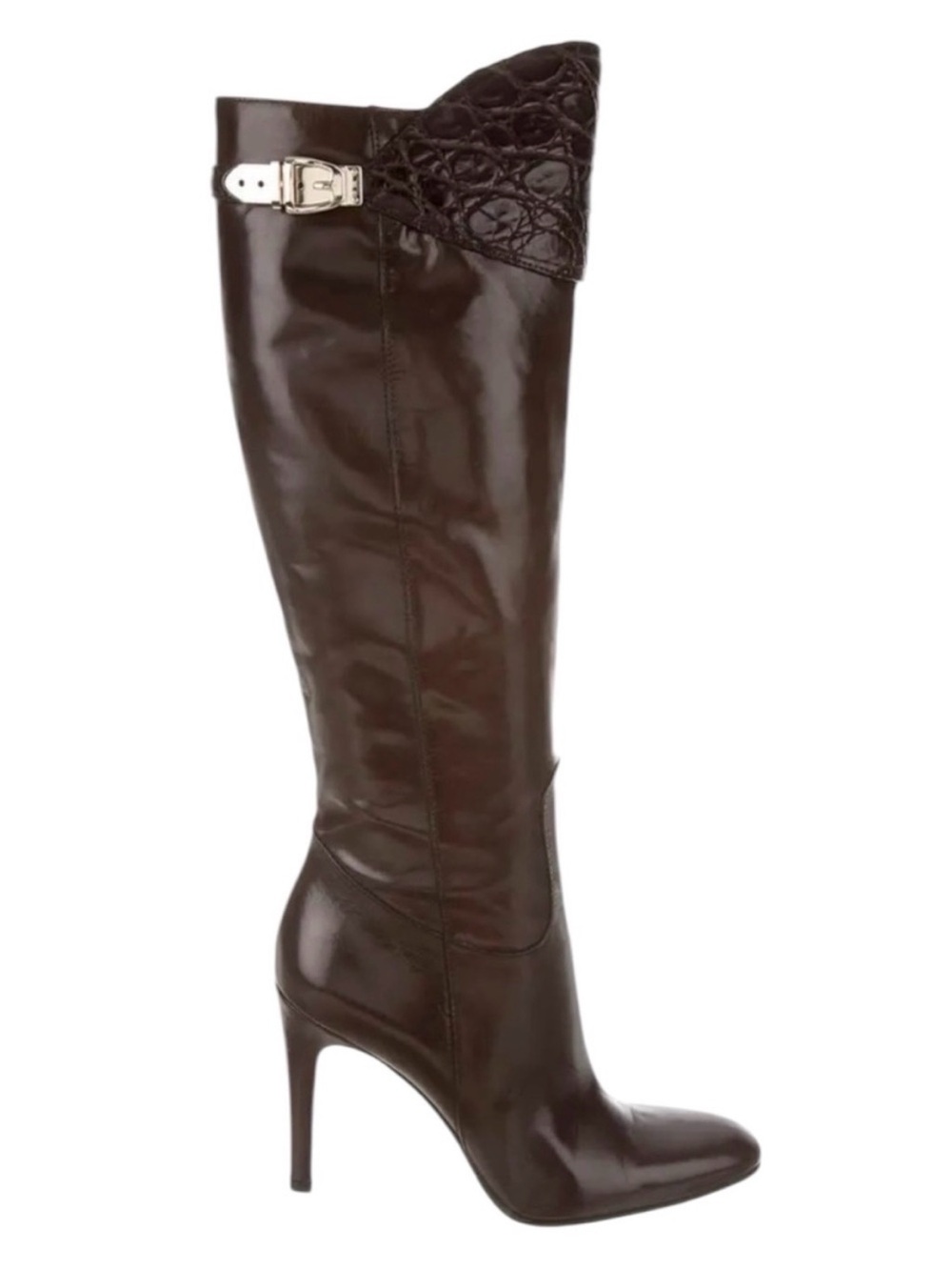 GUCCI TOM FORD Brown Leather & Alligator Runway Buckle Stiletto Knee High Boots